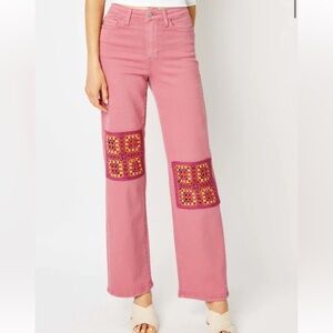 Judy Blue Wide Leg Jeans Women 15/32 Dusty Pink Dyed Crochet Patches NWT